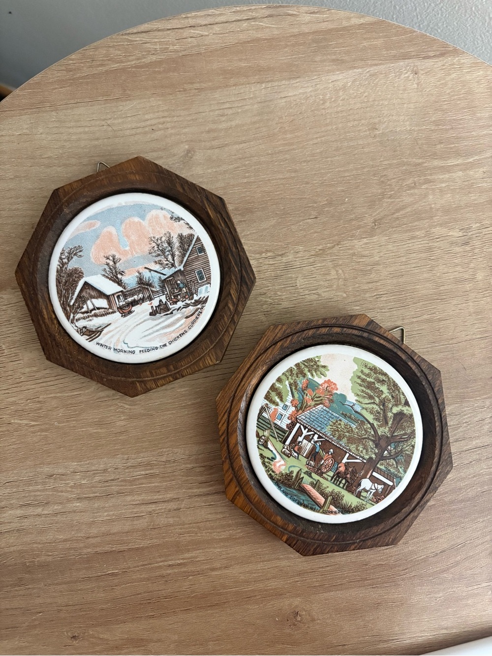 Vintage Currier & Ives Tile Wood Wall Plaques 4.5 inches
